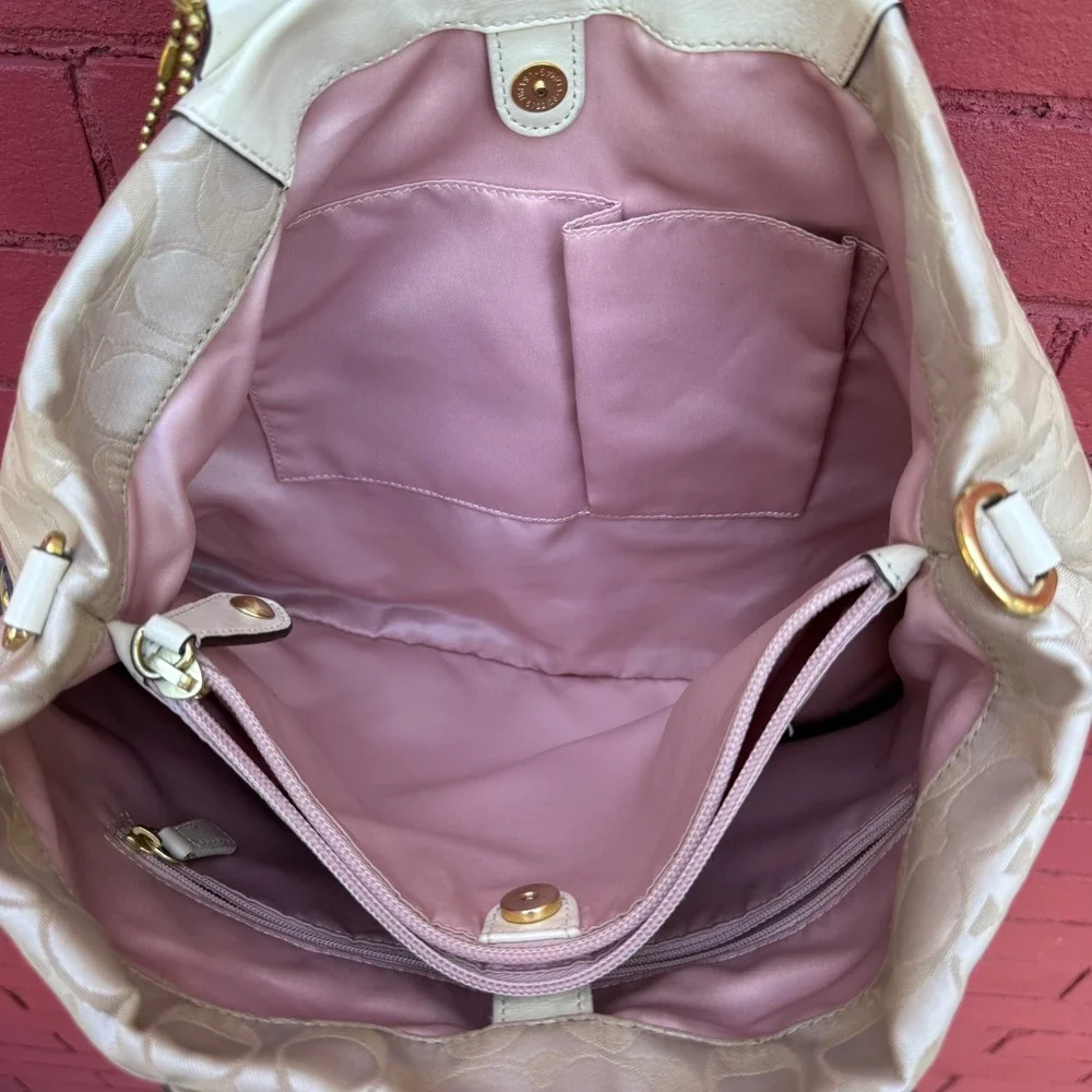 Coach Ashley Signature Satchel Bag F15510 Cream Beige Monogram Tote Sateen